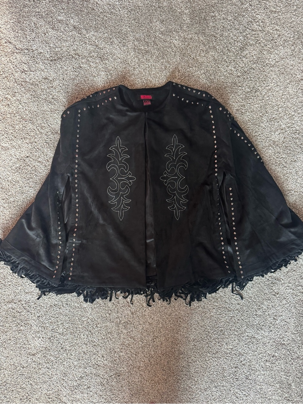 Roach and Roll Denim Black Studded Fringe Cape Coat